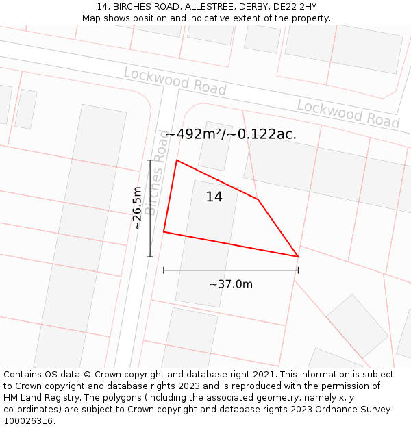 14, BIRCHES ROAD, ALLESTREE, DERBY, DE22 2HY: Plot and title map