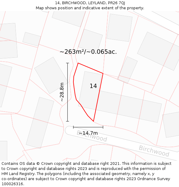 14, BIRCHWOOD, LEYLAND, PR26 7QJ: Plot and title map