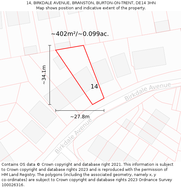 14, BIRKDALE AVENUE, BRANSTON, BURTON-ON-TRENT, DE14 3HN: Plot and title map
