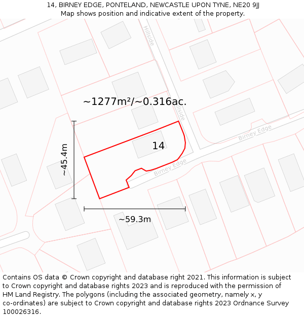 14, BIRNEY EDGE, PONTELAND, NEWCASTLE UPON TYNE, NE20 9JJ: Plot and title map