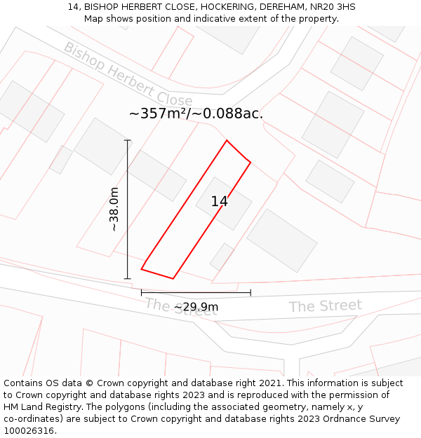 14, BISHOP HERBERT CLOSE, HOCKERING, DEREHAM, NR20 3HS: Plot and title map