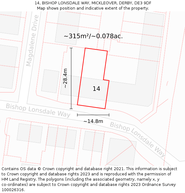 14, BISHOP LONSDALE WAY, MICKLEOVER, DERBY, DE3 9DF: Plot and title map
