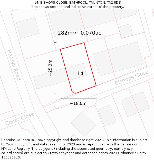 14, BISHOPS CLOSE, BATHPOOL, TAUNTON, TA2 8DS: Plot and title map