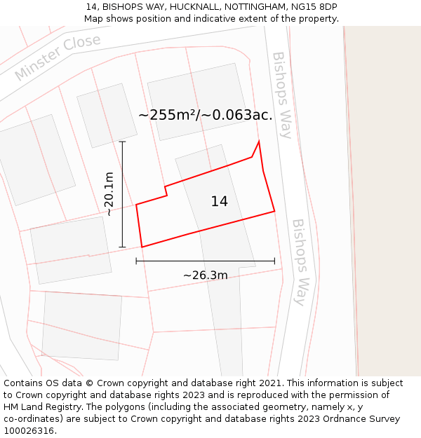 14, BISHOPS WAY, HUCKNALL, NOTTINGHAM, NG15 8DP: Plot and title map