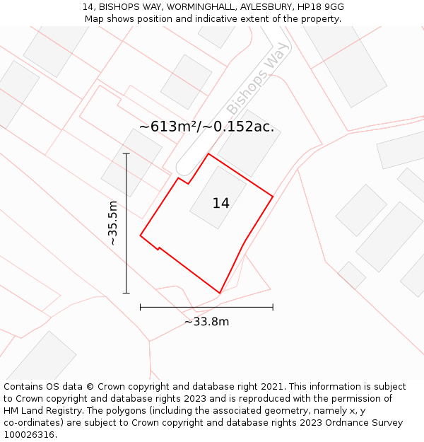 14, BISHOPS WAY, WORMINGHALL, AYLESBURY, HP18 9GG: Plot and title map