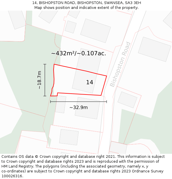 14, BISHOPSTON ROAD, BISHOPSTON, SWANSEA, SA3 3EH: Plot and title map