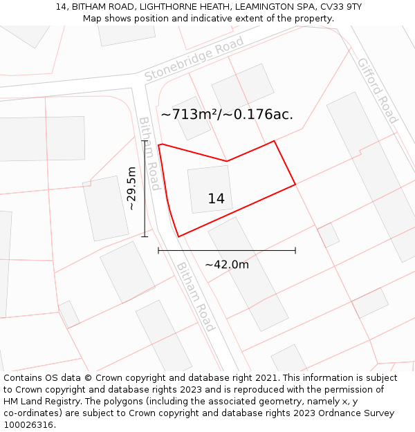 14, BITHAM ROAD, LIGHTHORNE HEATH, LEAMINGTON SPA, CV33 9TY: Plot and title map