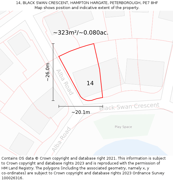 14, BLACK SWAN CRESCENT, HAMPTON HARGATE, PETERBOROUGH, PE7 8HF: Plot and title map