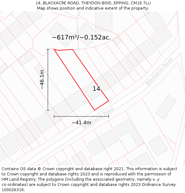 14, BLACKACRE ROAD, THEYDON BOIS, EPPING, CM16 7LU: Plot and title map