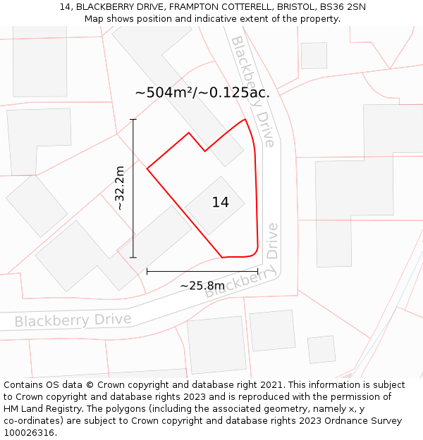 14, BLACKBERRY DRIVE, FRAMPTON COTTERELL, BRISTOL, BS36 2SN: Plot and title map