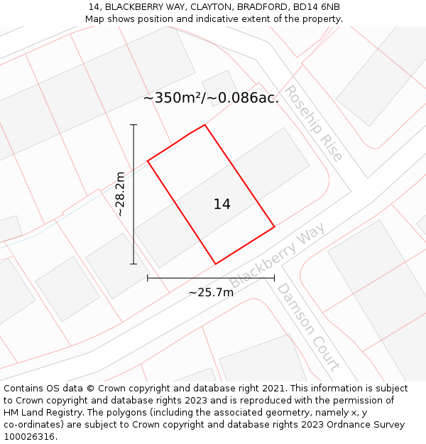 14, BLACKBERRY WAY, CLAYTON, BRADFORD, BD14 6NB: Plot and title map