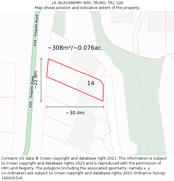 14, BLACKBERRY WAY, TRURO, TR1 1QX: Plot and title map