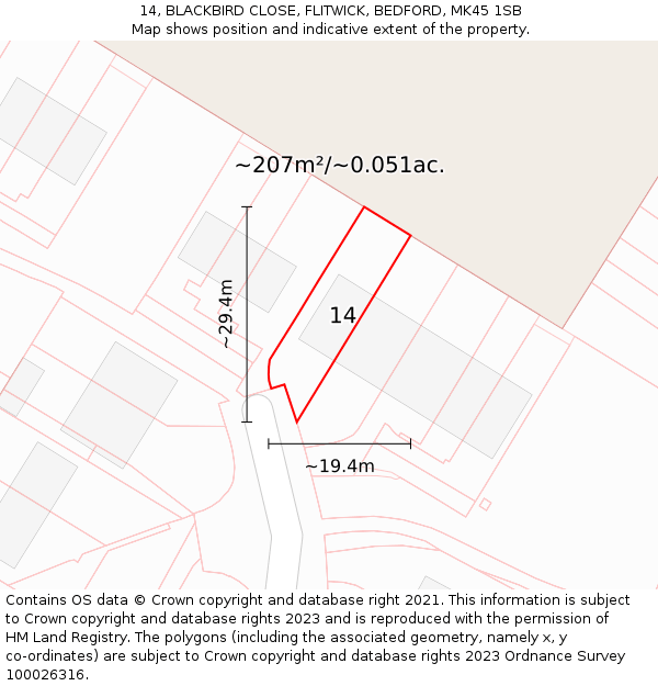 14, BLACKBIRD CLOSE, FLITWICK, BEDFORD, MK45 1SB: Plot and title map