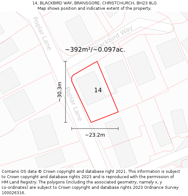 14, BLACKBIRD WAY, BRANSGORE, CHRISTCHURCH, BH23 8LG: Plot and title map