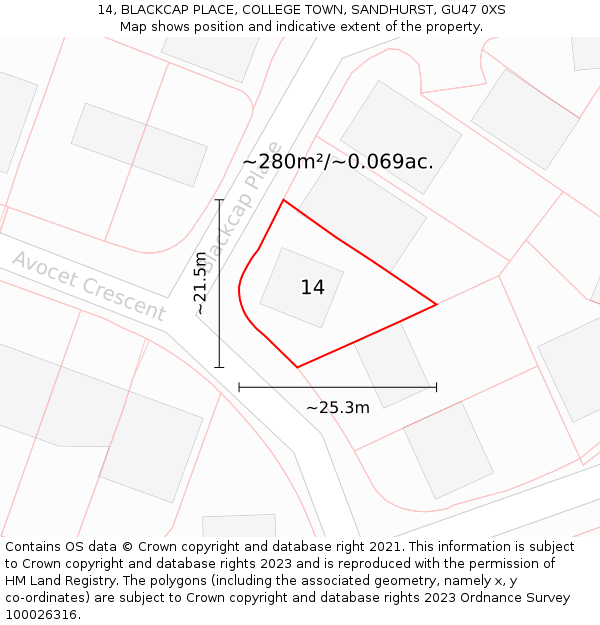 14, BLACKCAP PLACE, COLLEGE TOWN, SANDHURST, GU47 0XS: Plot and title map