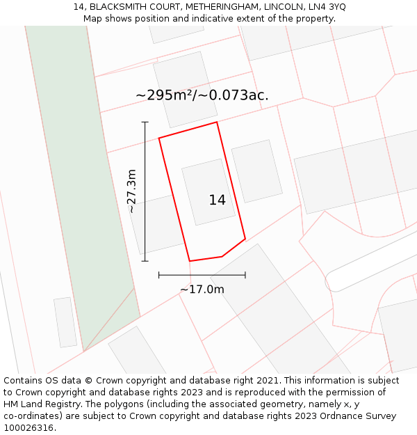 14, BLACKSMITH COURT, METHERINGHAM, LINCOLN, LN4 3YQ: Plot and title map
