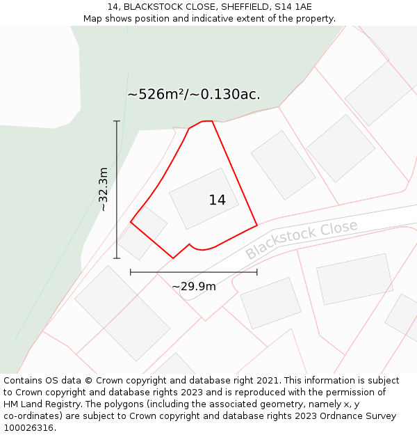 14, BLACKSTOCK CLOSE, SHEFFIELD, S14 1AE: Plot and title map
