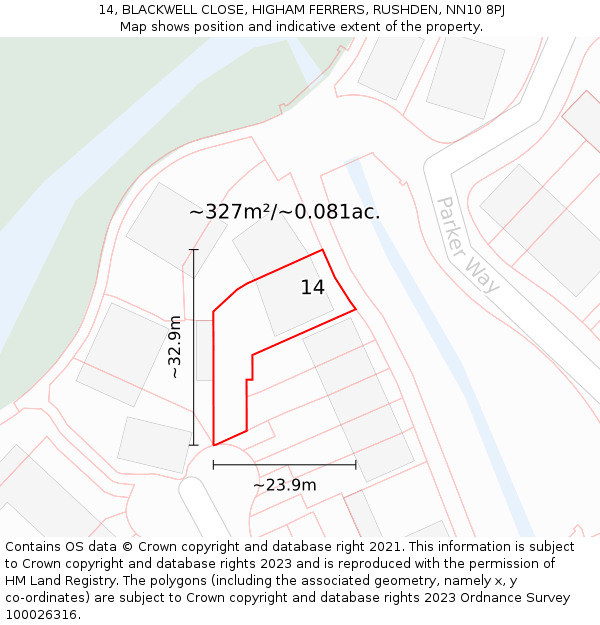 14, BLACKWELL CLOSE, HIGHAM FERRERS, RUSHDEN, NN10 8PJ: Plot and title map