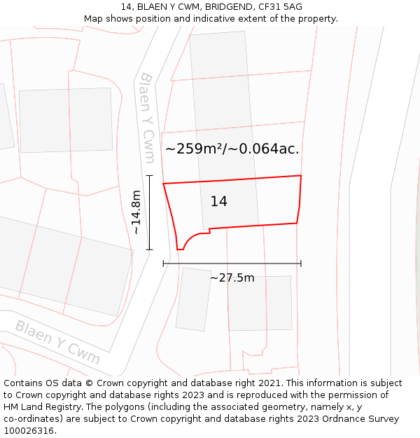 14, BLAEN Y CWM, BRIDGEND, CF31 5AG: Plot and title map