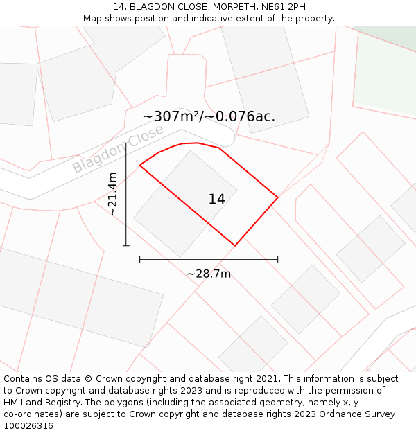14, BLAGDON CLOSE, MORPETH, NE61 2PH: Plot and title map