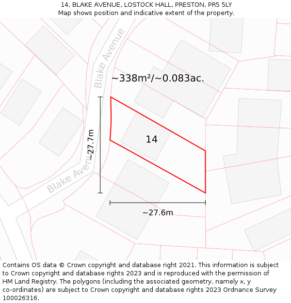 14, BLAKE AVENUE, LOSTOCK HALL, PRESTON, PR5 5LY: Plot and title map