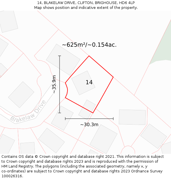 14, BLAKELAW DRIVE, CLIFTON, BRIGHOUSE, HD6 4LP: Plot and title map