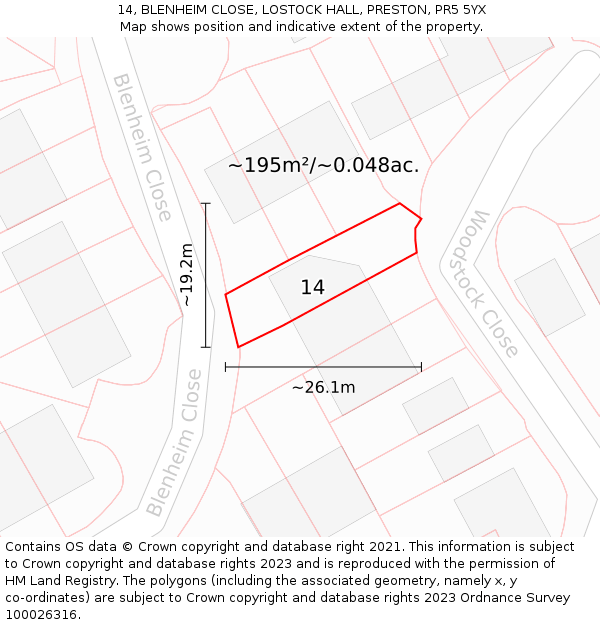 14, BLENHEIM CLOSE, LOSTOCK HALL, PRESTON, PR5 5YX: Plot and title map
