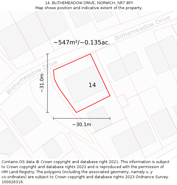 14, BLITHEMEADOW DRIVE, NORWICH, NR7 8PY: Plot and title map