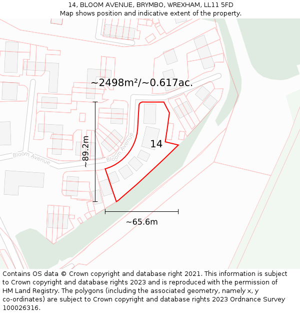 14, BLOOM AVENUE, BRYMBO, WREXHAM, LL11 5FD: Plot and title map