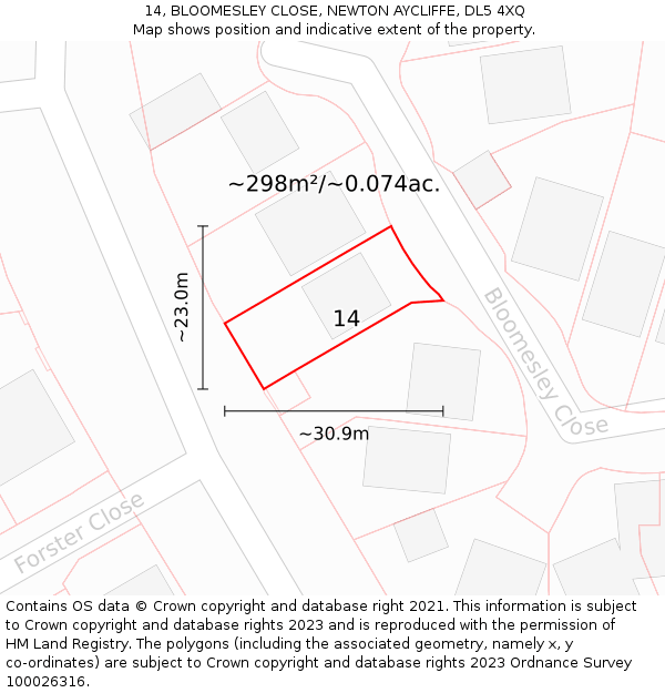 14, BLOOMESLEY CLOSE, NEWTON AYCLIFFE, DL5 4XQ: Plot and title map