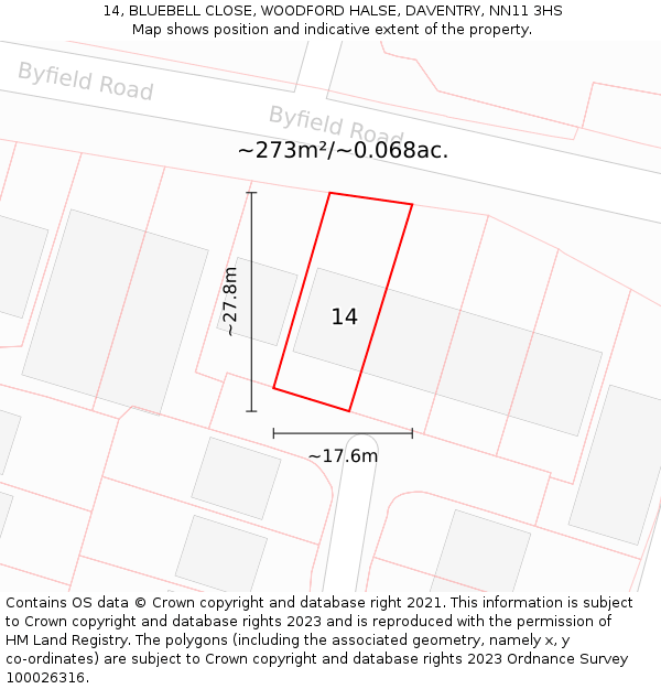 14, BLUEBELL CLOSE, WOODFORD HALSE, DAVENTRY, NN11 3HS: Plot and title map