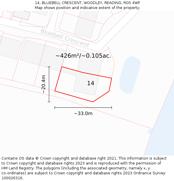 14, BLUEBELL CRESCENT, WOODLEY, READING, RG5 4WP: Plot and title map