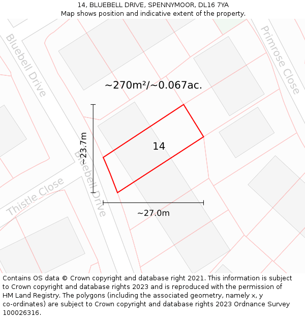 14, BLUEBELL DRIVE, SPENNYMOOR, DL16 7YA: Plot and title map