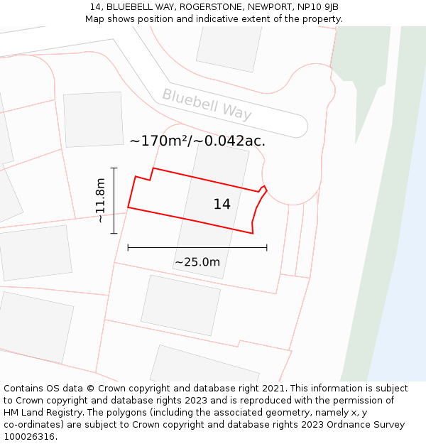 14, BLUEBELL WAY, ROGERSTONE, NEWPORT, NP10 9JB: Plot and title map