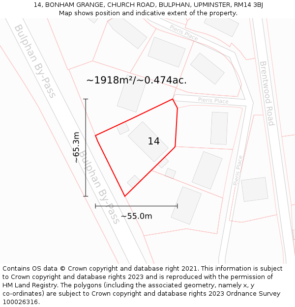 14, BONHAM GRANGE, CHURCH ROAD, BULPHAN, UPMINSTER, RM14 3BJ: Plot and title map