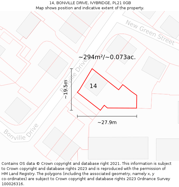14, BONVILLE DRIVE, IVYBRIDGE, PL21 0GB: Plot and title map