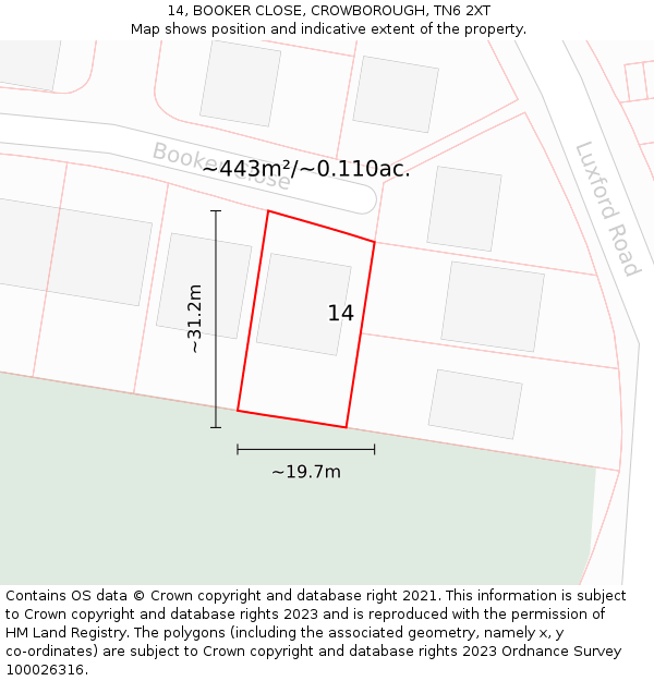 14, BOOKER CLOSE, CROWBOROUGH, TN6 2XT: Plot and title map