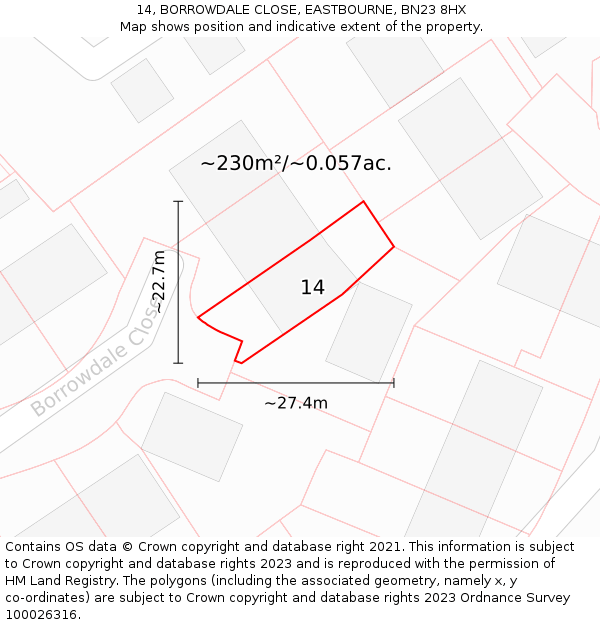 14, BORROWDALE CLOSE, EASTBOURNE, BN23 8HX: Plot and title map