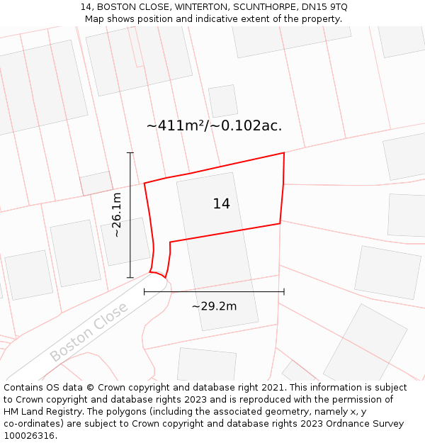 14, BOSTON CLOSE, WINTERTON, SCUNTHORPE, DN15 9TQ: Plot and title map