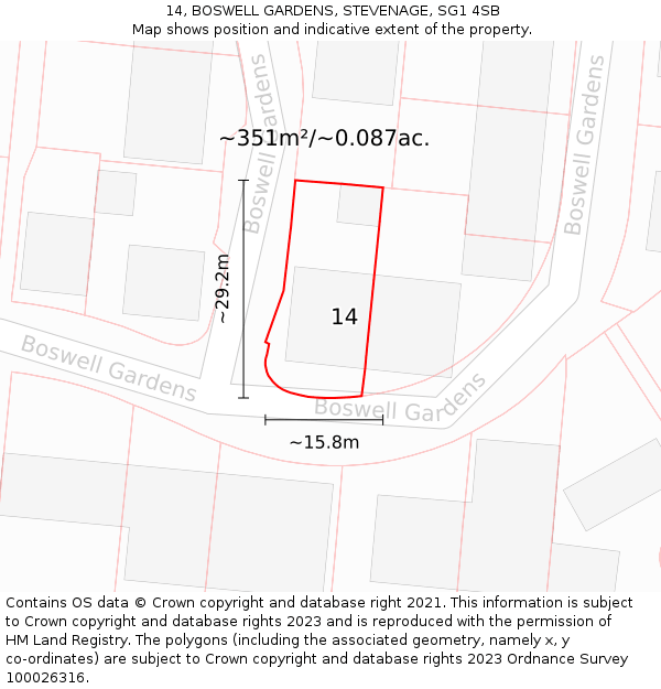 14, BOSWELL GARDENS, STEVENAGE, SG1 4SB: Plot and title map