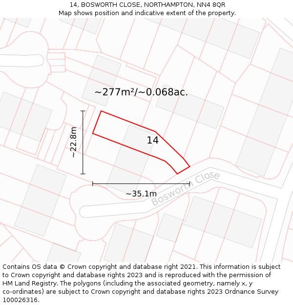 14, BOSWORTH CLOSE, NORTHAMPTON, NN4 8QR: Plot and title map