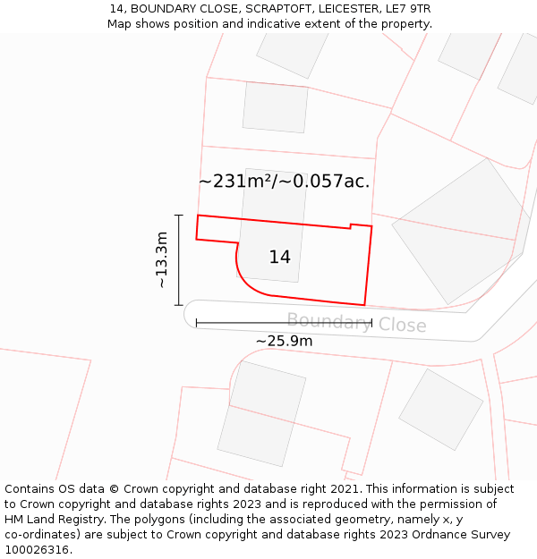 14, BOUNDARY CLOSE, SCRAPTOFT, LEICESTER, LE7 9TR: Plot and title map