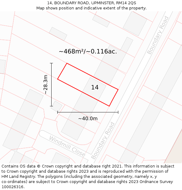 14, BOUNDARY ROAD, UPMINSTER, RM14 2QS: Plot and title map