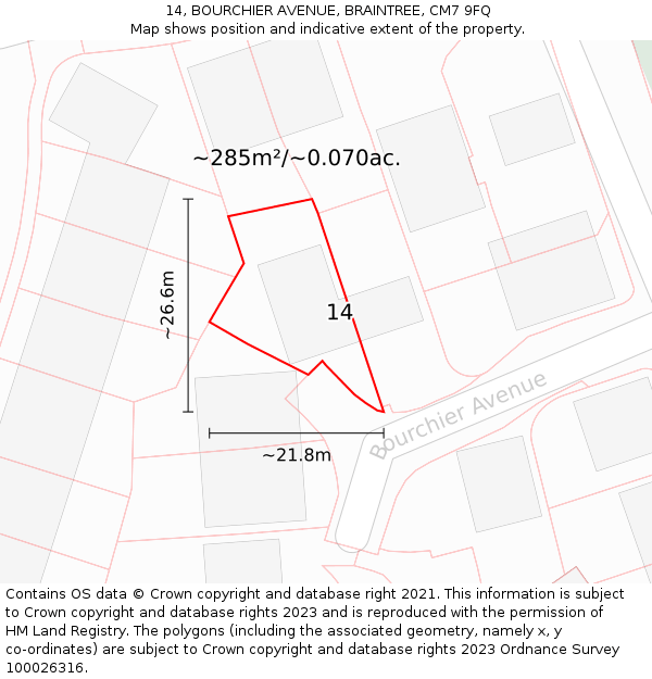 14, BOURCHIER AVENUE, BRAINTREE, CM7 9FQ: Plot and title map