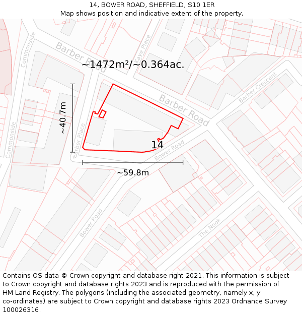 14, BOWER ROAD, SHEFFIELD, S10 1ER: Plot and title map