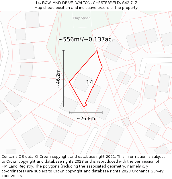 14, BOWLAND DRIVE, WALTON, CHESTERFIELD, S42 7LZ: Plot and title map