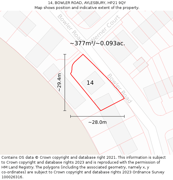 14, BOWLER ROAD, AYLESBURY, HP21 9QY: Plot and title map
