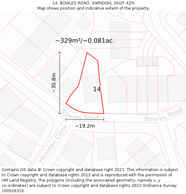 14, BOWLES ROAD, SWINDON, SN25 4ZN: Plot and title map