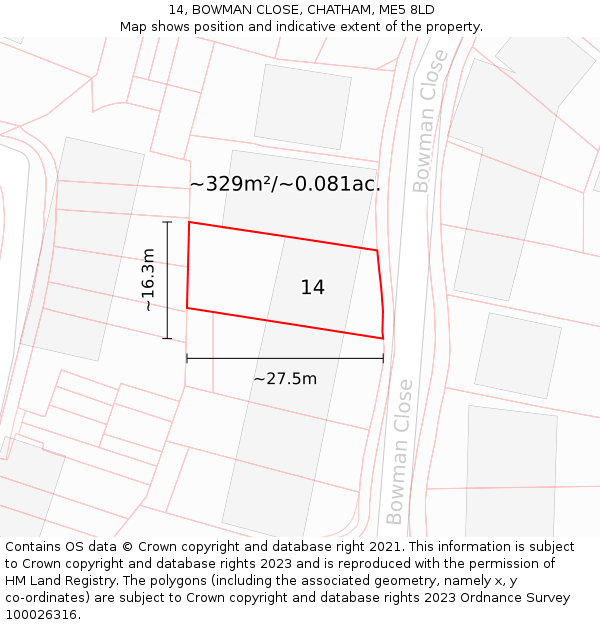 14, BOWMAN CLOSE, CHATHAM, ME5 8LD: Plot and title map