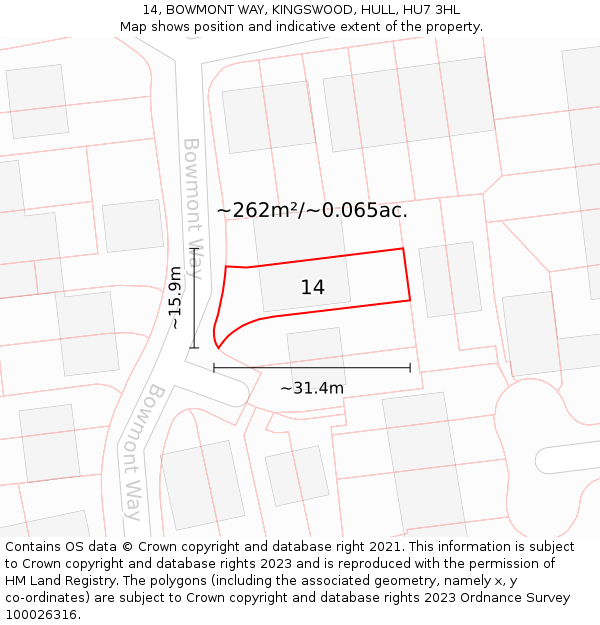 14, BOWMONT WAY, KINGSWOOD, HULL, HU7 3HL: Plot and title map